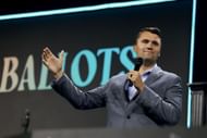 Charlie Kirk speaking at a  Turning Point USA Summit in 2024 (Image via Getty)